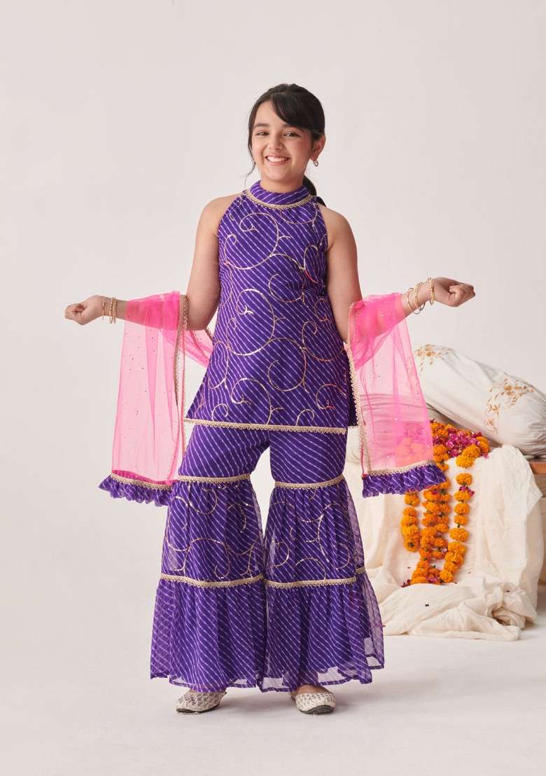 Purple Floral Print Kurta With Sharara And Dupatta (Set of 3) - Indya