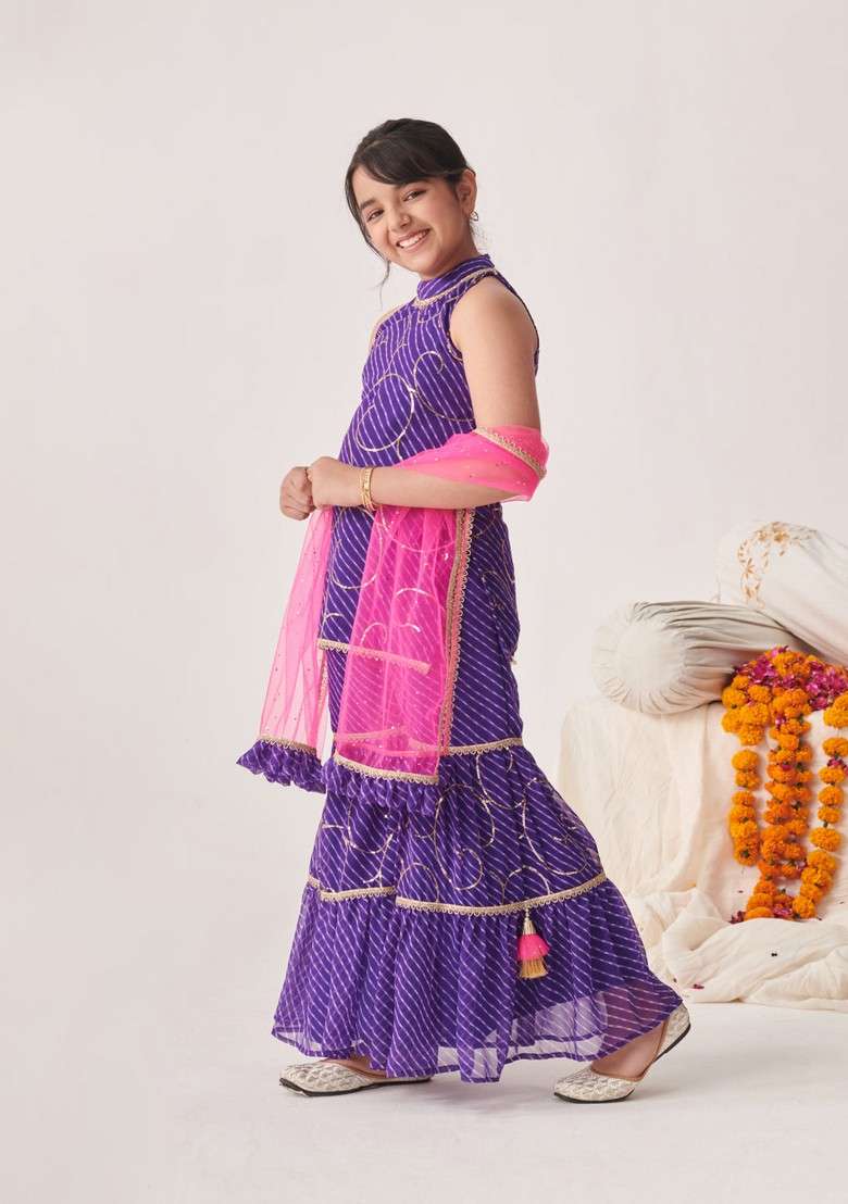 Purple Floral Print Kurta With Sharara And Dupatta (Set of 3) - Indya