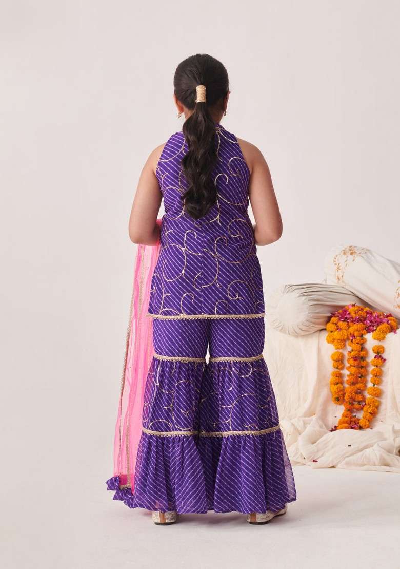 Purple Floral Print Kurta With Sharara And Dupatta (Set of 3) - Indya