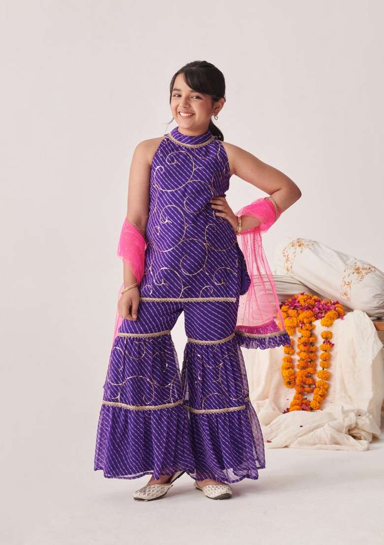 Purple Floral Print Kurta With Sharara And Dupatta (Set of 3) - Indya
