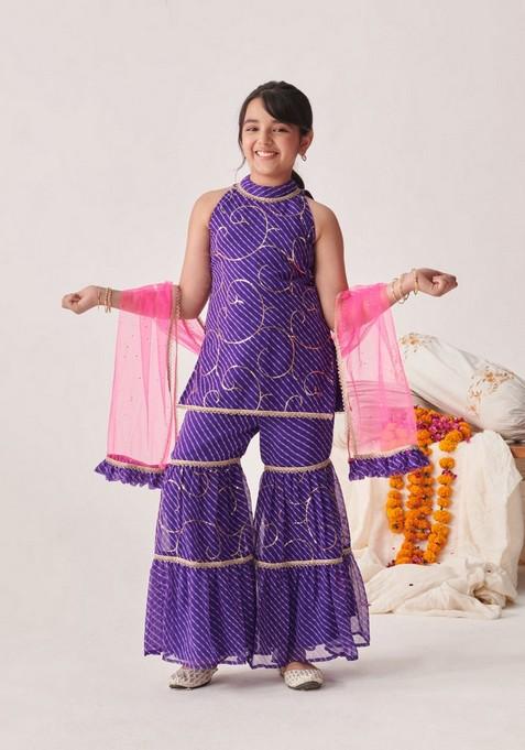 Purple Floral Print Kurta With Sharara And Dupatta (Set of 3)