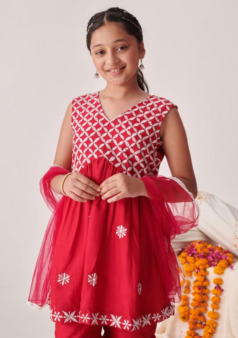 Red Floral Embroidered Kurta With Sharara And Dupatta (Set of 3)