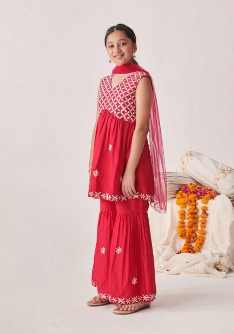 Red Floral Embroidered Kurta With Sharara And Dupatta (Set of 3)