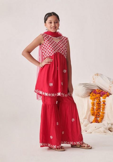 Red Floral Embroidered Kurta With Sharara And Dupatta (Set of 3)