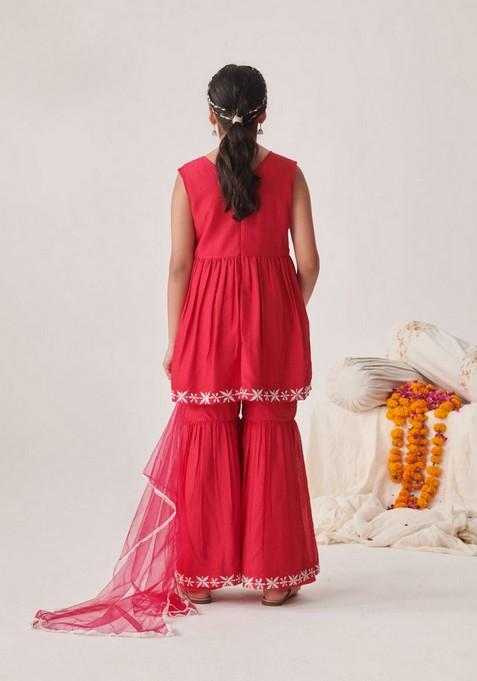 Red Floral Embroidered Kurta With Sharara And Dupatta (Set of 3)