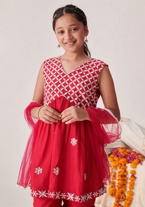 Red Floral Embroidered Kurta With Sharara And Dupatta (Set of 3)