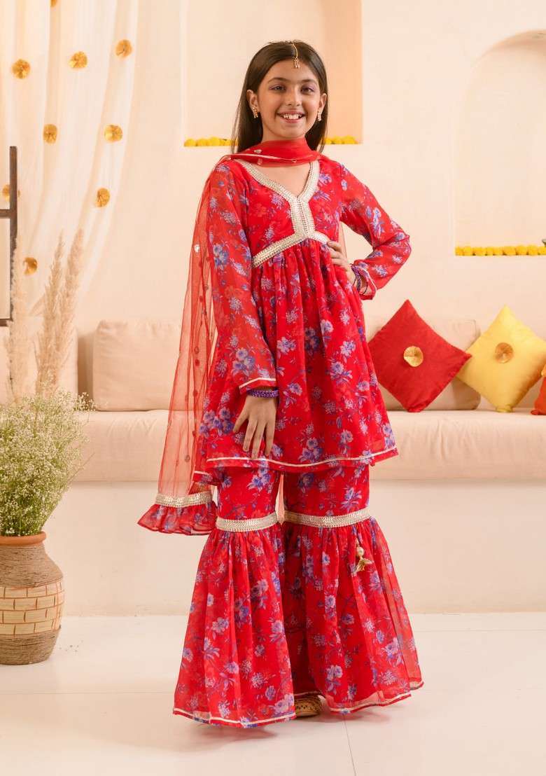 Red Printed Kurta With Sharara And Dupatta (Set of 3) - Indya