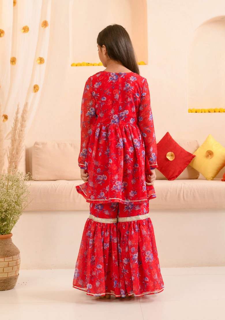 Red Printed Kurta With Sharara And Dupatta (Set of 3) - Indya