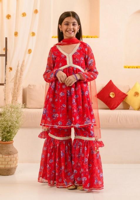 Red Printed Kurta With Sharara And Dupatta (Set of 3)