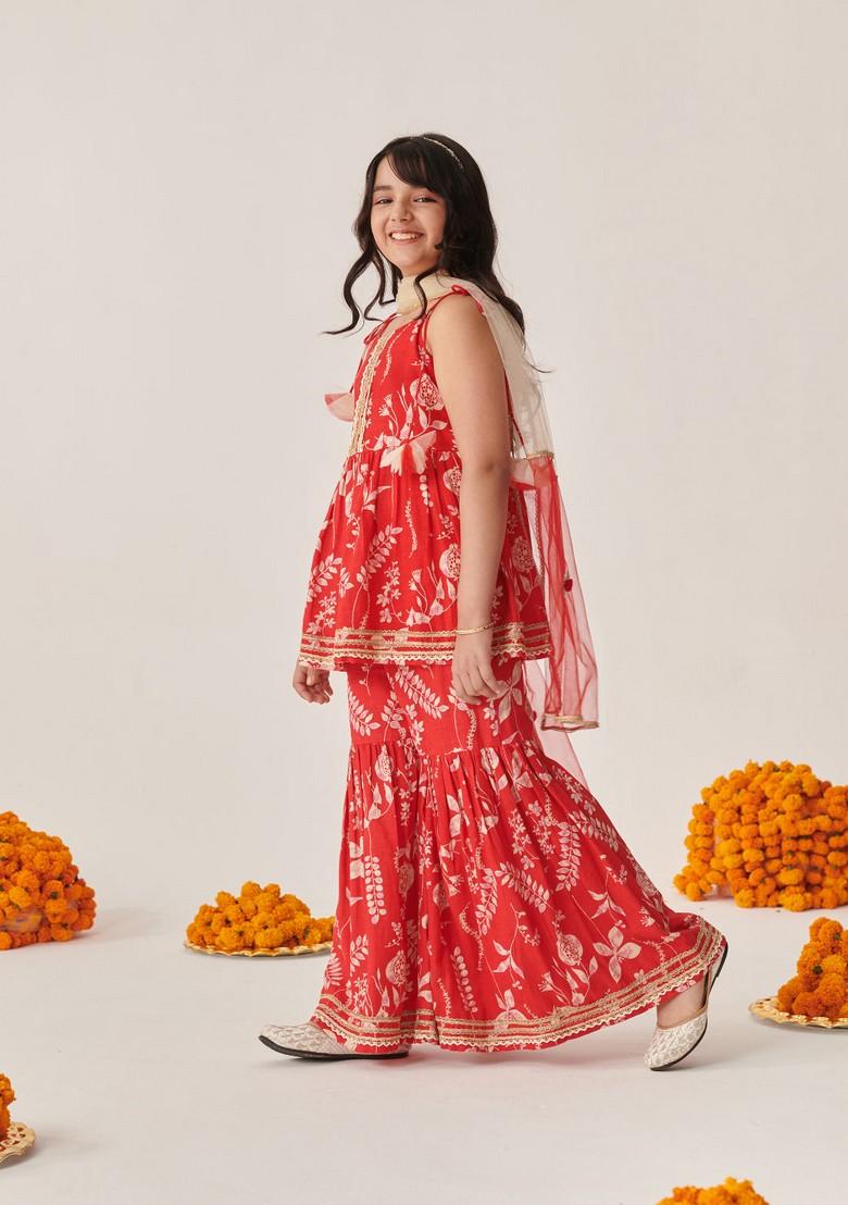 Red Floral Print Kurta With Sharara And Dupatta (Set of 3)