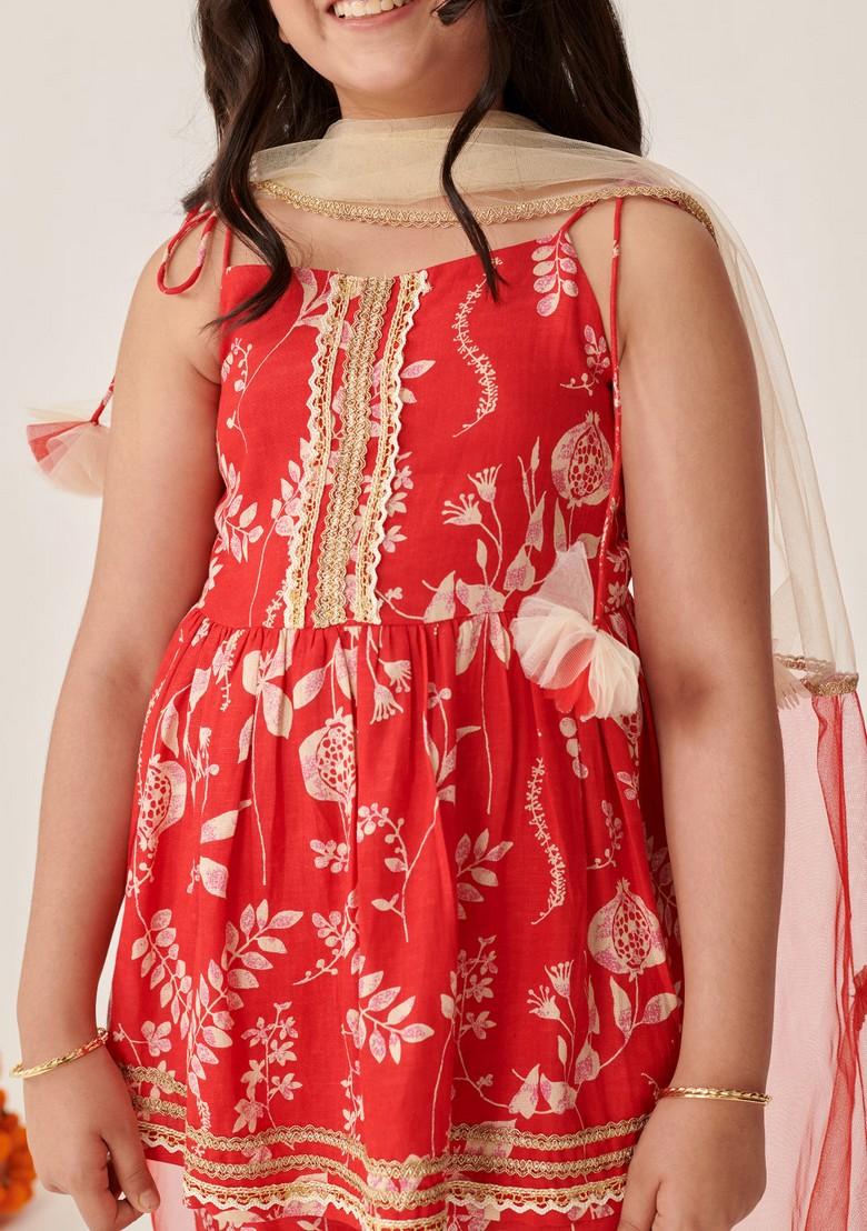 Red Floral Print Kurta With Sharara And Dupatta (Set of 3)