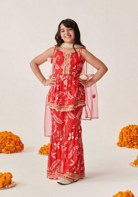 Red Floral Print Kurta With Sharara And Dupatta (Set of 3)