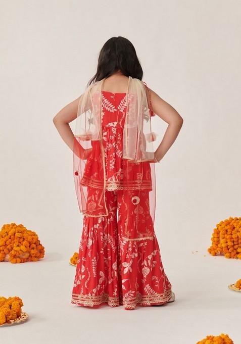 Red Floral Print Kurta With Sharara And Dupatta (Set of 3)