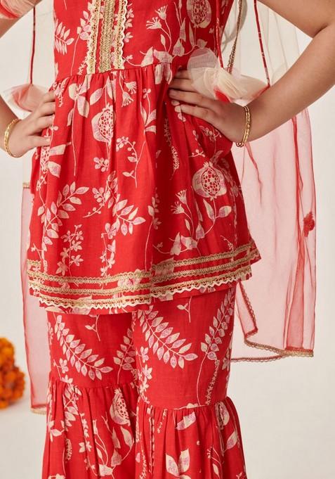 Red Floral Print Kurta With Sharara And Dupatta (Set of 3)