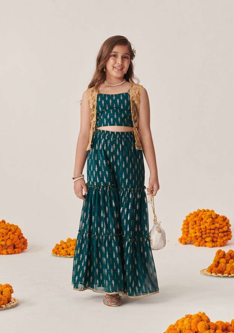 Teal Floral Print Top With Sharara (Set of 2) - Indya