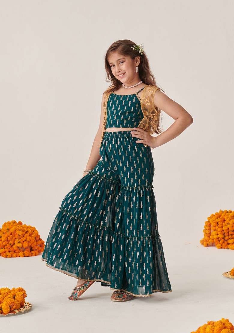 Teal Floral Print Top With Sharara (Set of 2) - Indya