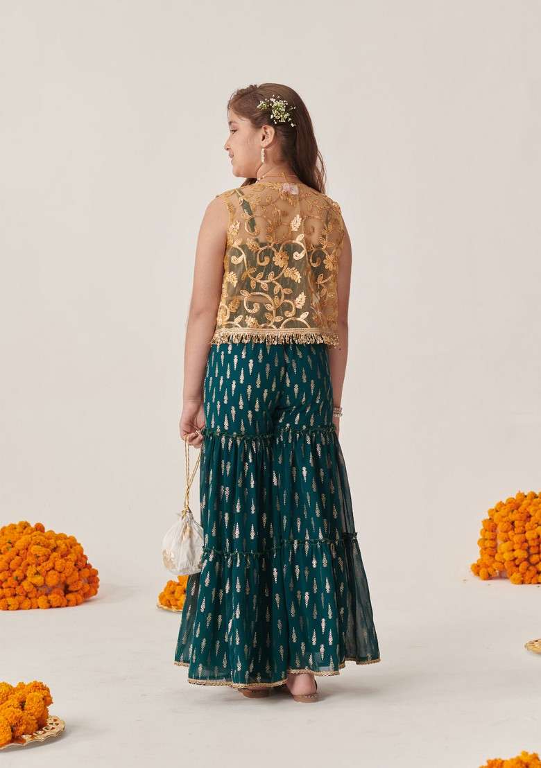 Teal Floral Print Top With Sharara (Set of 2) - Indya