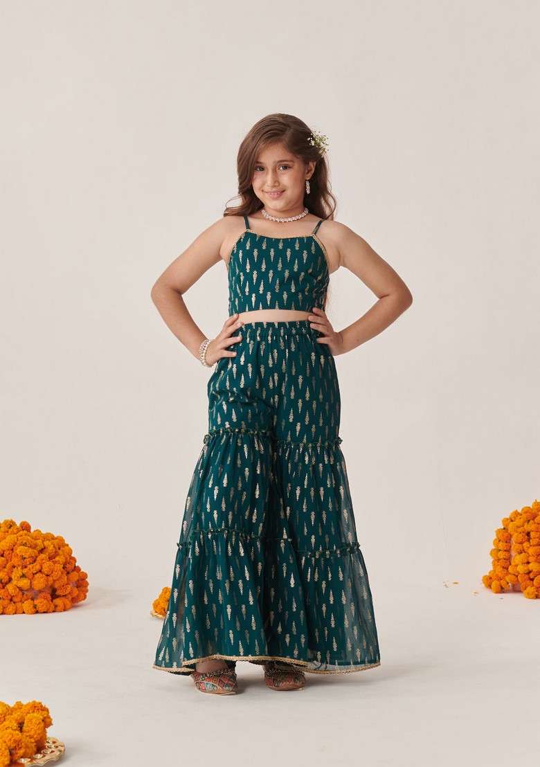 Teal Floral Print Top With Sharara (Set of 2) - Indya