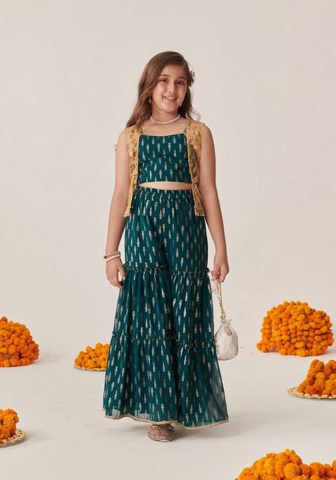 Teal Floral Print Top With Sharara (Set of 2)