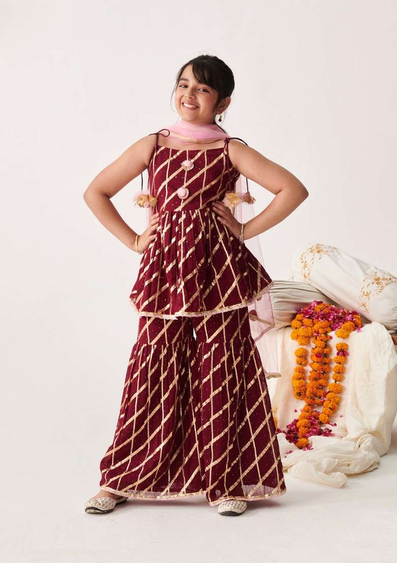 Wine Gota Embroidered Kurta With Sharara And Dupatta (Set of 3) - Indya