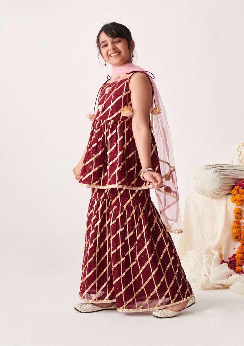 Wine Gota Embroidered Kurta With Sharara And Dupatta (Set of 3) - Indya
