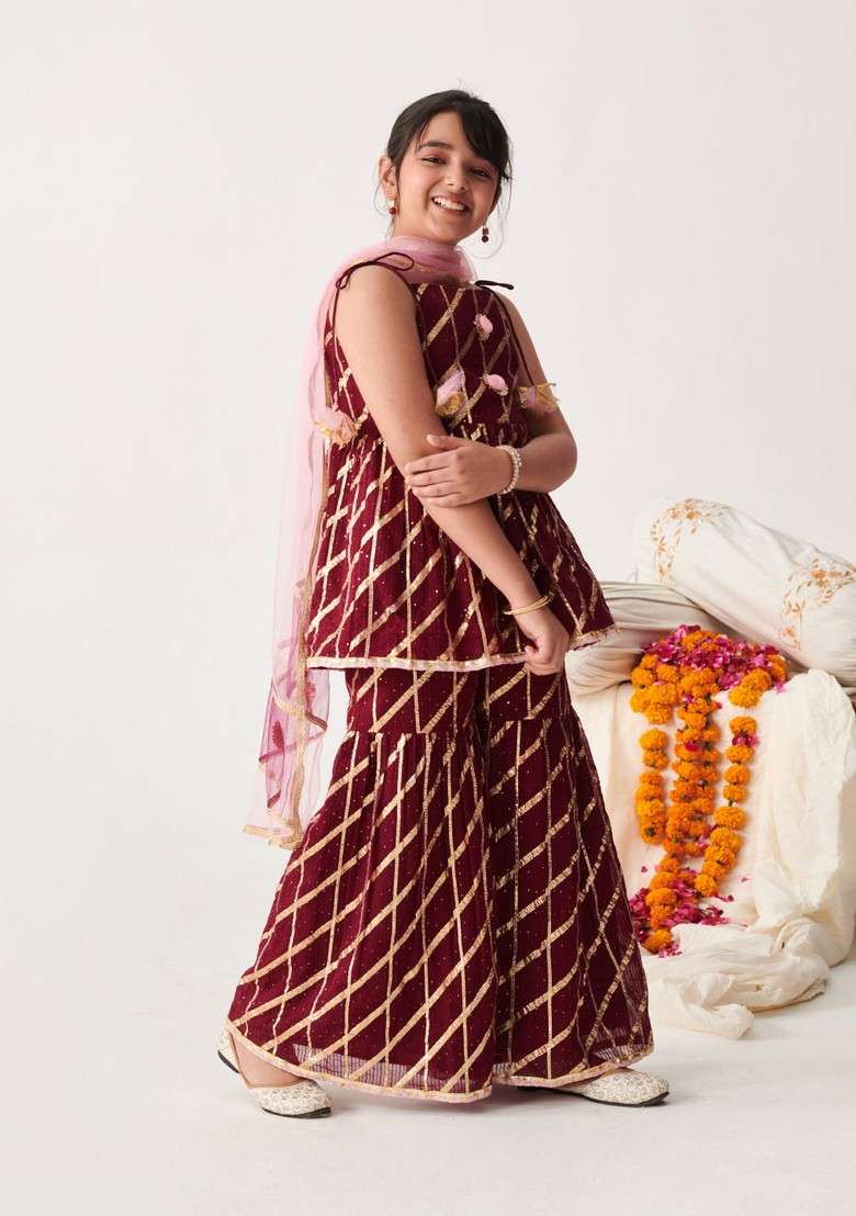 Wine Gota Embroidered Kurta With Sharara And Dupatta (Set of 3) - Indya