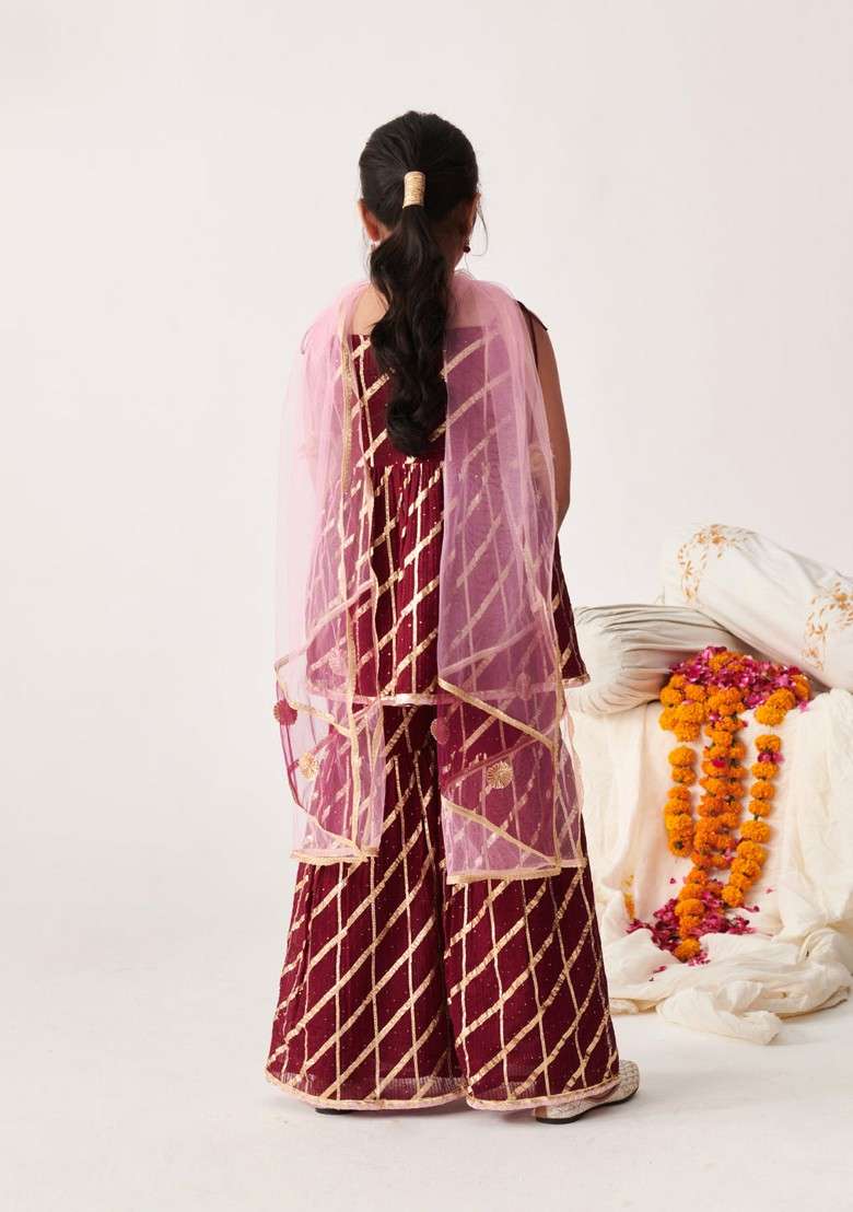 Wine Gota Embroidered Kurta With Sharara And Dupatta (Set of 3) - Indya