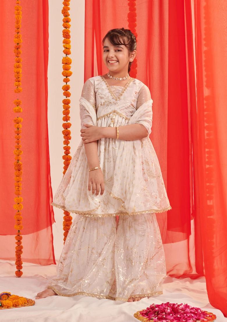 White Printed Kurta With Sharara And Dupatta (Set of 3)