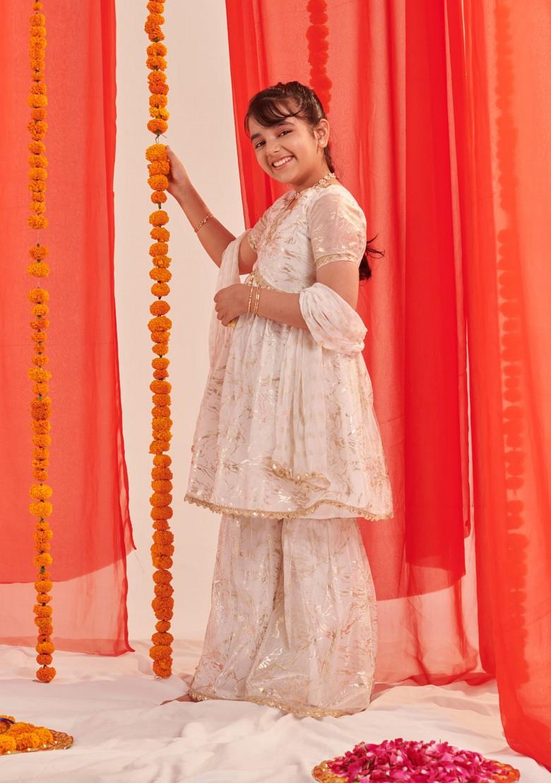 White Printed Kurta With Sharara And Dupatta (Set of 3)