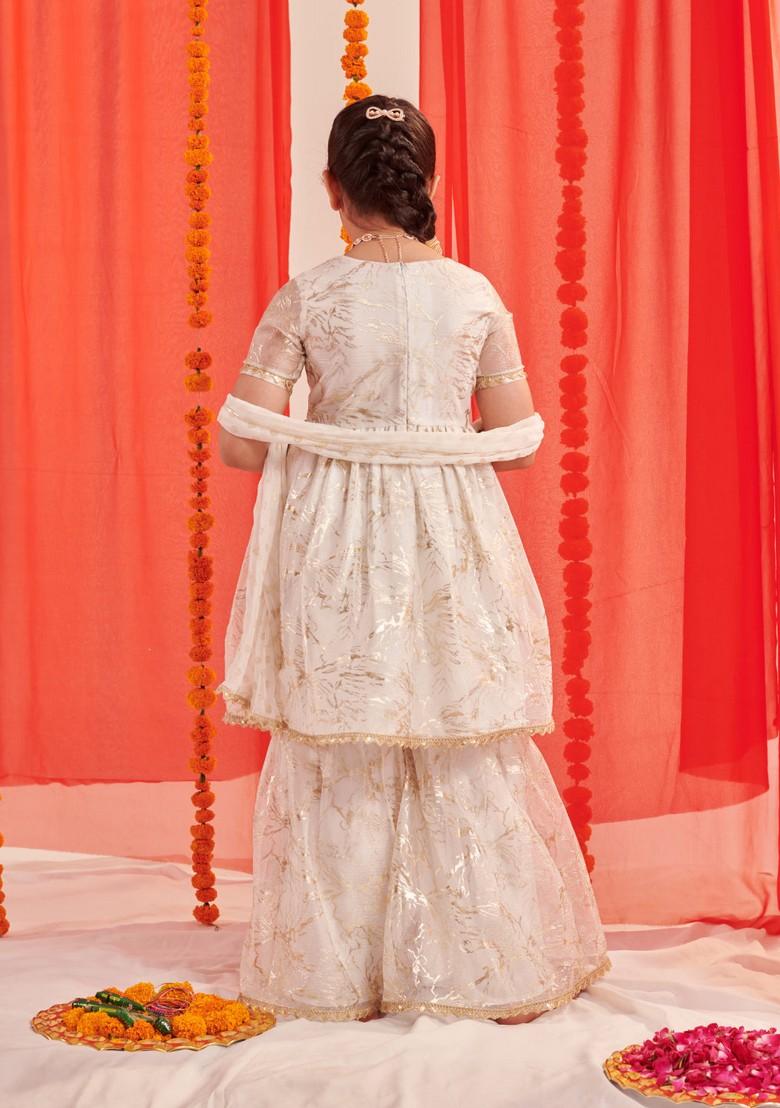 White Printed Kurta With Sharara And Dupatta (Set of 3)