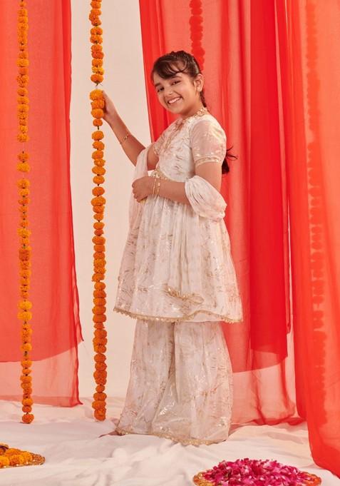 White Printed Kurta With Sharara And Dupatta (Set of 3)