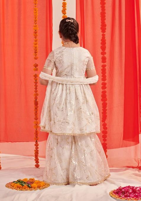 White Printed Kurta With Sharara And Dupatta (Set of 3)