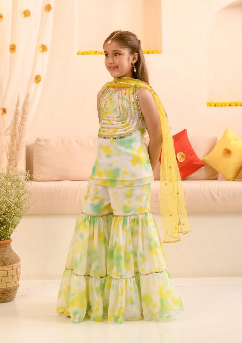 Multicolour Embroidered Kurta With Sharara And Dupatta (Set of 3)