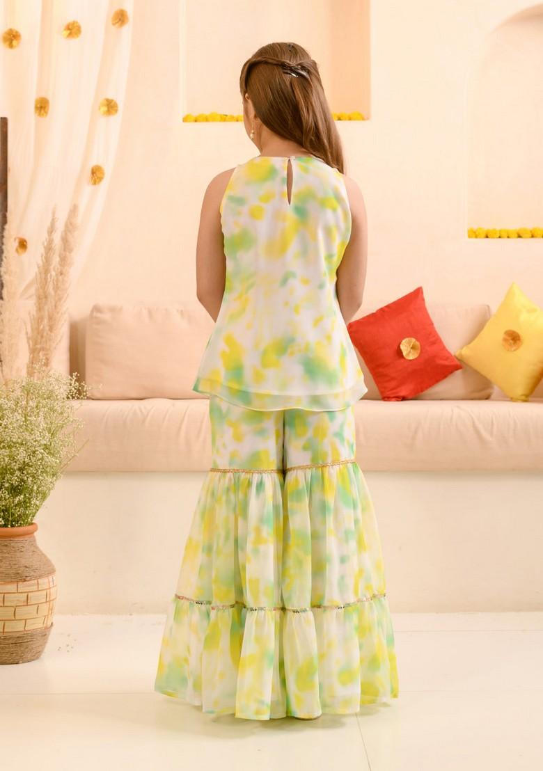 Multicolour Embroidered Kurta With Sharara And Dupatta (Set of 3) - Indya