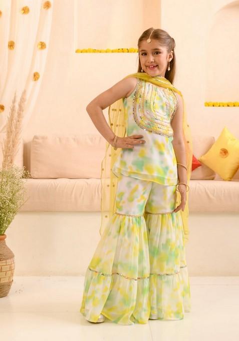 Multicolour Embroidered Kurta With Sharara And Dupatta (Set of 3)