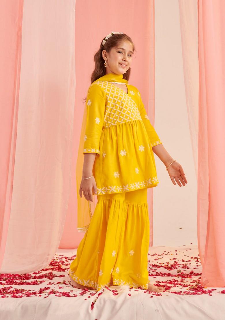 Yellow Embroidered Kurta With Sharara And Dupatta (Set of 3)