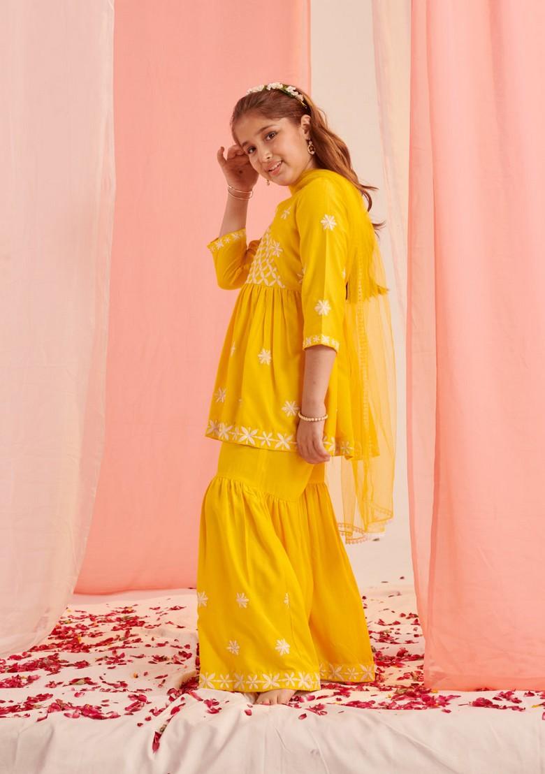Yellow Embroidered Kurta With Sharara And Dupatta (Set of 3)