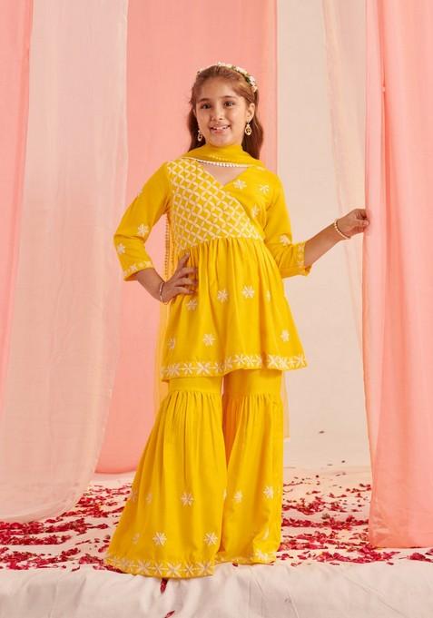 Yellow Embroidered Kurta With Sharara And Dupatta (Set of 3)