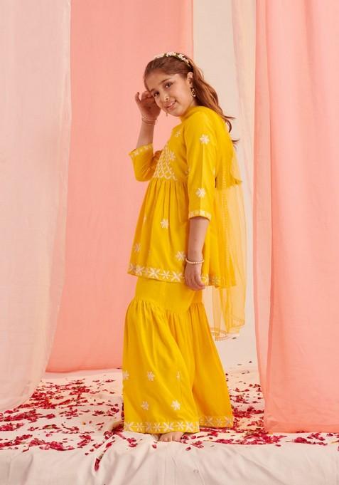 Yellow Embroidered Kurta With Sharara And Dupatta (Set of 3)