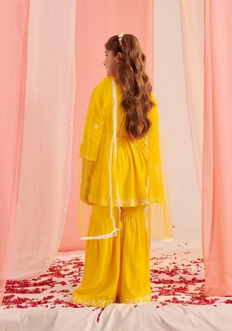 Yellow Embroidered Kurta With Sharara And Dupatta (Set of 3)