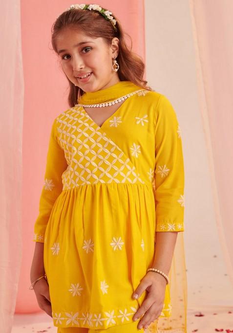 Yellow Embroidered Kurta With Sharara And Dupatta (Set of 3)