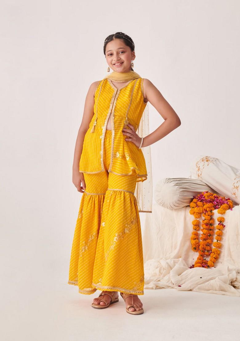 Yellow Printed Kurta With Sharara And Dupatta (Set of 3)