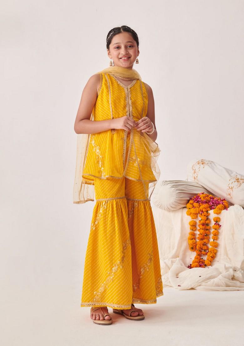 Yellow Printed Kurta With Sharara And Dupatta (Set of 3)