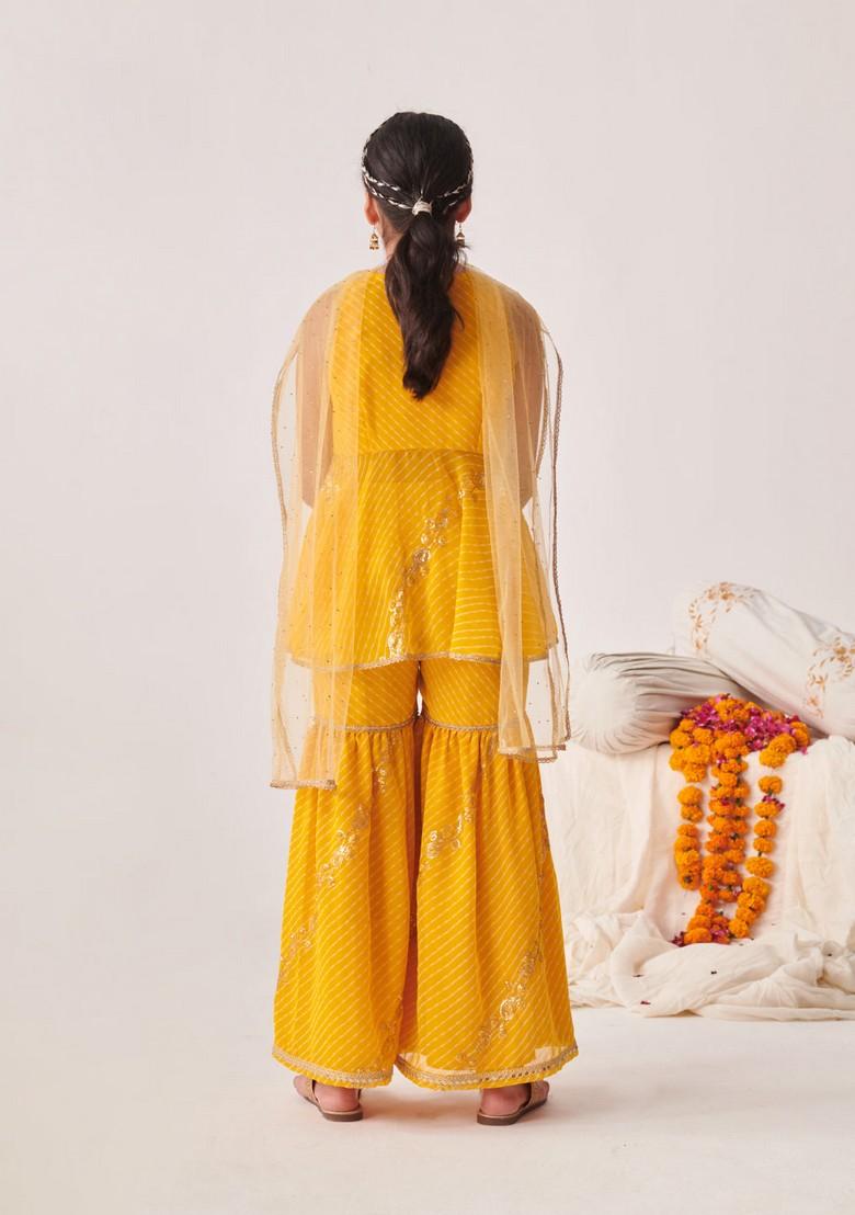 Yellow Printed Kurta With Sharara And Dupatta (Set of 3)