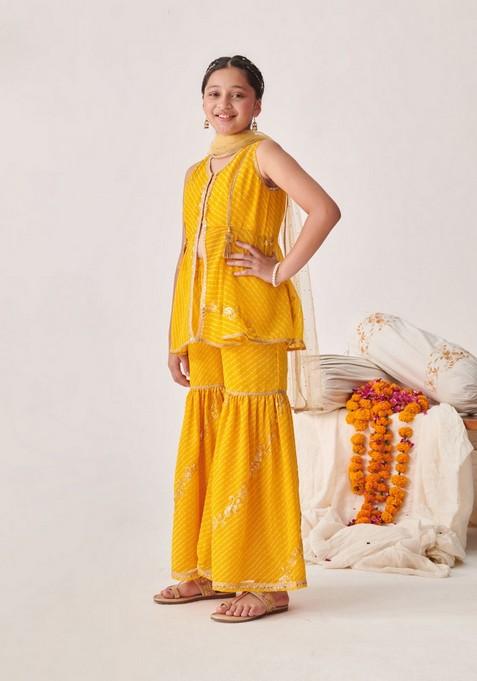 Yellow Printed Kurta With Sharara And Dupatta (Set of 3)