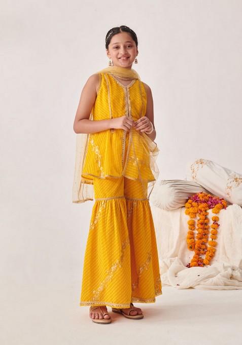Yellow Printed Kurta With Sharara And Dupatta (Set of 3)