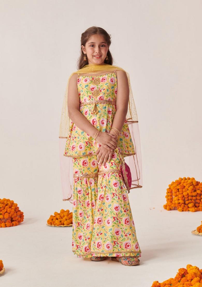 Yellow Floral Print Kurta With Sharara And Dupatta (Set of 3)