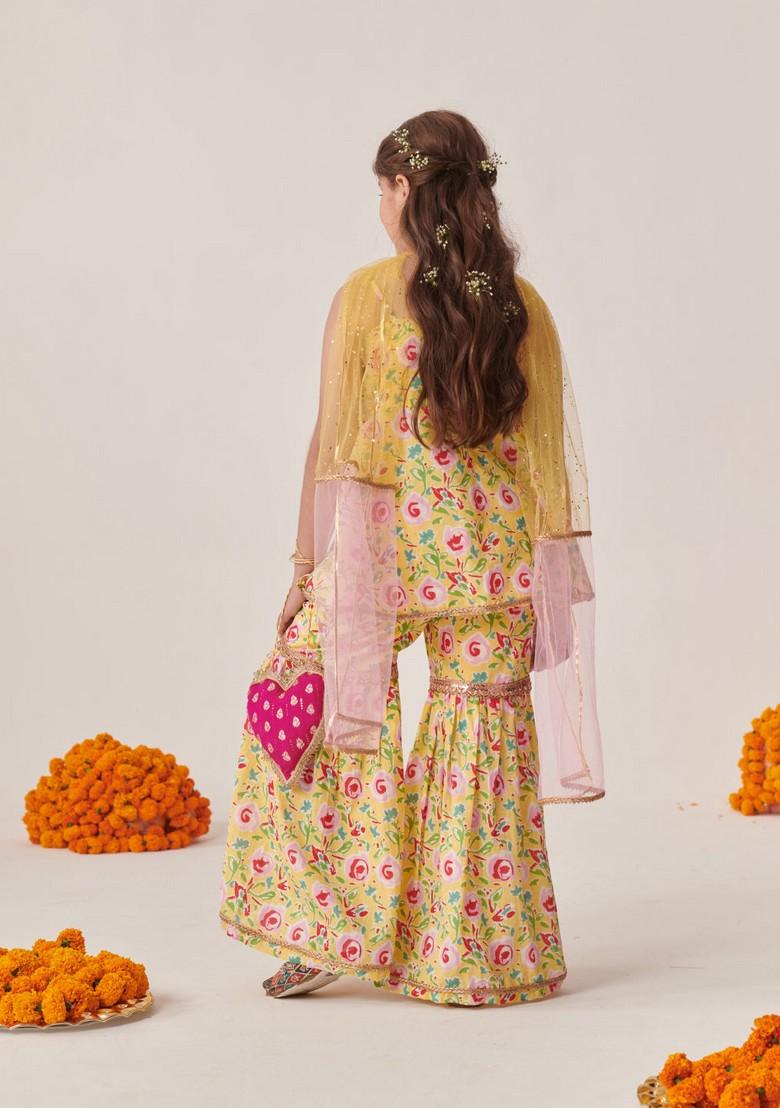 Yellow Floral Print Kurta With Sharara And Dupatta (Set of 3)