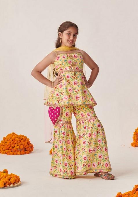 Yellow Floral Print Kurta With Sharara And Dupatta (Set of 3)