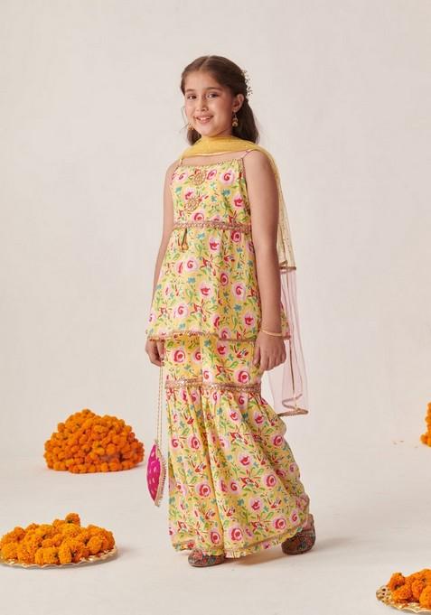 Yellow Floral Print Kurta With Sharara And Dupatta (Set of 3)